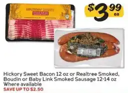 Winn Dixie Hickory Sweet Bacon or Realtree Smoked, Boudin or Baby Link Smoked Sausage offer