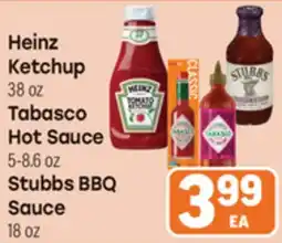 Tony’s Fresh Market Heinz Ketchup 38 oz, Tabasco Hot Sauce 5-8.6 oz, Stubbs BBQ Sauce 18 oz offer