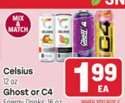 Tony’s Fresh Market Celsius 12 oz. Ghost or C4 Energy Drinks 16 oz offer