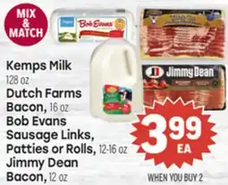 Tony’s Fresh Market Kemps Milk, Dutch Farms Bacon, Bob Evans Sausage Links, Patties or Rolls, Jimmy Dean Bacon offer