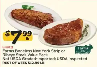 Winn Dixie Farms Boneless New York Strip or Ribeye Steak Value Pack offer