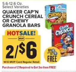Food Lion Quaker cap'n crunch cereal or chewy granola bars offer