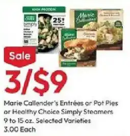 Stater Bros Marie Callender's Entrées or Pot Pies or Healthy Choice Simply Steamers offer