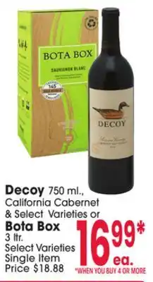 Jewel-Osco Decoy 750 ml., California Cabernet or Bota Box 3 ltr offer