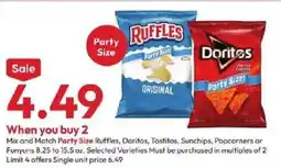 Stater Bros Mix and Match Party Size Ruffles, Doritos, Tostitos, Sunchips, Popcorners or F纭yns offer