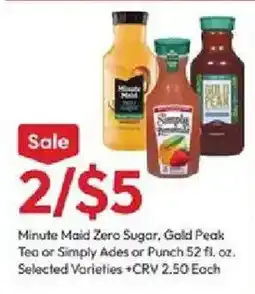 Stater Bros Minute Maid Zero Sugar, Gold Peak Tea or Simply Ades or Punch offer