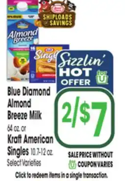 Jewel-Osco Blue Diamond Almond Breeze Milk 64 oz. or Kraft American Singles 10.7-12 oz offer