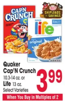 Jewel-Osco Quaker Cap'N Crunch 10.3-14 oz. or Life 13 oz offer