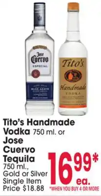 Jewel-Osco Tito's Handmade Vodka 750 ml. or Jose Cuervo Tequila 750 ml offer