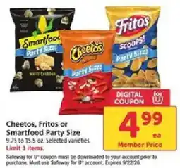 Safeway Cheetos, Fritos or Smartfood Party Size offer