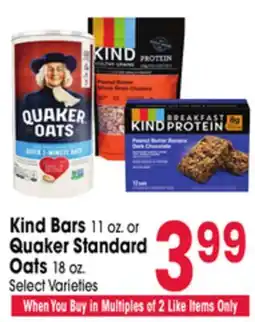 Jewel-Osco Kind Bars 11 oz. or Quaker Standard Oats 18 oz offer