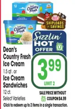 Jewel-Osco Dean's Country Fresh Ice Cream 1.5 qt. or Ice Cream Sandwiches 12 ct offer