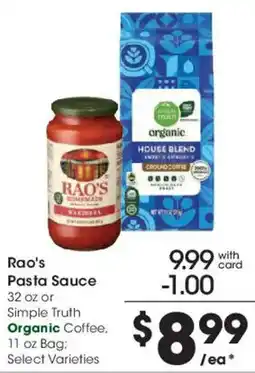 Smith's Rao's Pasta Sauce, Simple Truth Organic Coffee offer