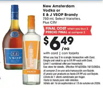 Ralphs New Amsterdam Vodka or E & J VSOP Brandy offer