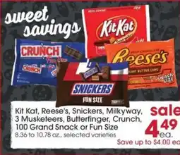 Giant Eagle Kit Kat, Reese's, Snickers, Milkyway, 3 Musketeers, Butterfinger, Crunch, 100 Grand Snack or Fun Size offer