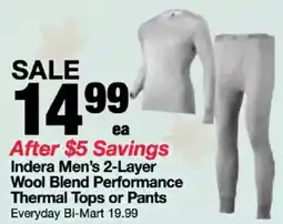 Bi-Mart Indera Men's 2-Layer Wool Blend Performance Thermal Tops or Pants offer