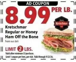 Festival Foods Kretschmar Regular or Honey Ham Off the Bone offer