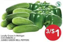 Pete's Fresh Market Locally Grown in Michigan Cucumbers or Jumbo Green Bell Peppers offer