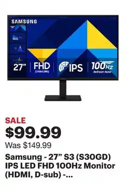 Best Buy Samsung - 27 S3 (S30GD) IPS LED FHD 100Hz Monitor (HDMI, D-sub) - Black offer