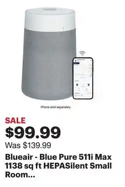 Best Buy Blueair - Blue Pure 511i Max 1138 sq ft HEPASilent Small Room Bedroom Air Purifier - White/Gray offer