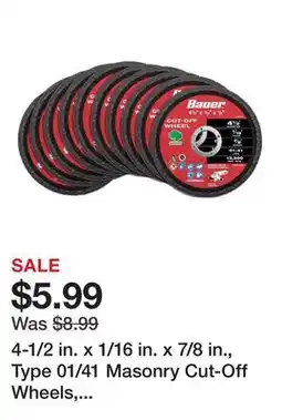Harbor Freight Tools 4-1/2 in. x 1/16 in. x 7/8 in., Type 01/41 Masonry Cut-Off Wheels, 10-Pack offer