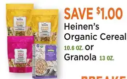 Heinen's Heinen's Organic Cereal 10.6 OZ. or Granola 13 OZ offer
