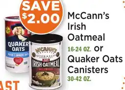 Heinen's McCann's Irish Oatmeal 16-24 OZ. or Quaker Oats Canisters 30-42 OZ offer