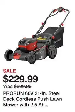 Tractor Supply Company PRORUN 60V 21-in. Steel Deck Cordless Push Lawn Mower with 2.5 Ah Battery and Charger offer