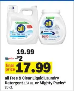 Meijer all Free & Clear Liquid Laundry Detergent or Mighty Packs offer