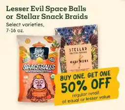 Sprouts Farmers Market Lesser Evil Space Balls or Stellar Snack Braids offer
