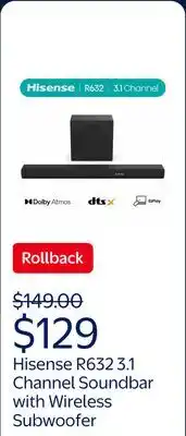 Walmart Hisense R632 3.1 Channel 380W Soundbar with Wireless Subwoofer with Dolby Atmos, DTS:X, Easy Connect offer