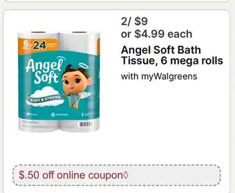 Walgreens Angel Soft Bath Tissue, 6 mega rolls offer