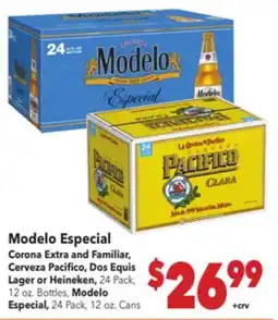 Vallarta Supermarkets Modelo Especial Corona Extra and Familiar, Cerveza Pacifico, Dos Equis Lager or Heineken offer