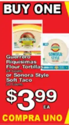 Superior Grocers Guerrero Riquisimas Flour Tortilla 24 Counts or Sonora Style Soft Taco 20 Counts offer