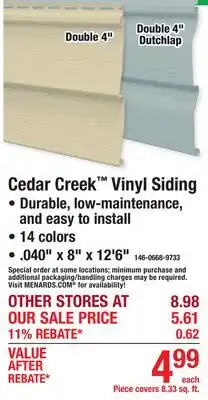 Menards Cedar Creek Vinyl Siding offer