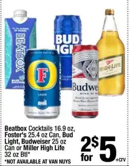 Super King Markets Beatbox Cocktails, Foster's, Bud Light, Budweiser, Miller High Life offer