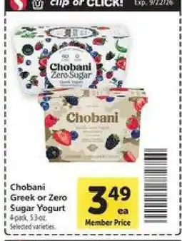 Safeway Chobani Greek or Zero Sugar Yogurt offer
