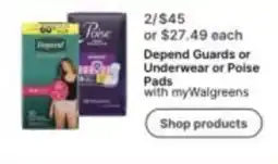 Walgreens Depend Guards or Underwear or Poise Pads offer