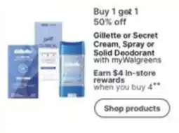Walgreens Gillette or Secret Cream, Spray or Solid Deodorant offer