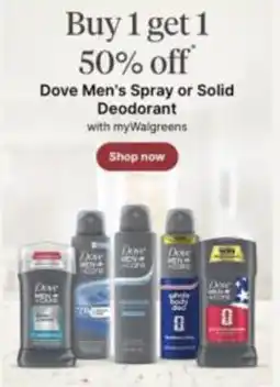 Walgreens Dove Men's Spray or Solid Deodorant offer