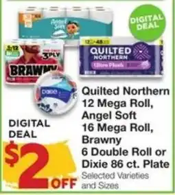 Amigos United Quilted Northern 12 Mega Roll, Angel Soft 16 Mega Roll, Brawny 6 Double Roll or Dixie 86 ct. Plate offer
