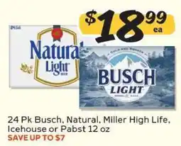 Winn Dixie 24 Pk Busch, Natural, Miller High Life, Icehouse or Pabst 12 oz offer