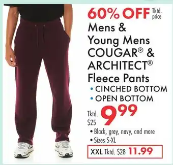 Boscov's Mens & Young Mens COUGAR & ARCHITECT Fleece Pants offer
