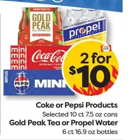 Weis Markets Coke or Pepsi Products Selected 10 ct 7.5 oz cans Gold Peak Tea or Propel Water 6 ct 16.9 oz bottles offer