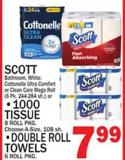 C Town SCOTT, 1000 TISSUE 8 ROLL PKG., DOUBLE ROLL TOWELS 6 ROLL PKG offer