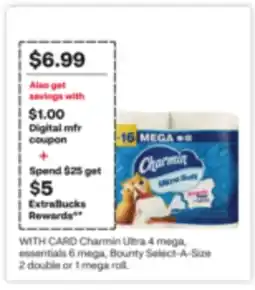 CVS Charmin Ultra 4 mega, essentials 6 mega, Bounty Select-A-Size 2 double or 1 mega roll offer