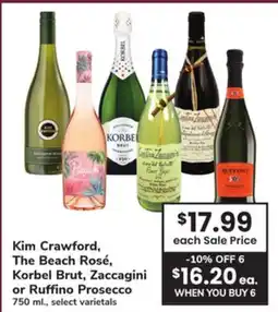 ACME Kim Crawford, The Beach Rosé, Korbel Brut, Zaccagini or Ruffino Prosecco offer