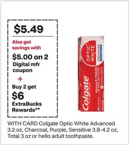 CVS Colgate Optic White Advanced Charcoal, Purple, Sensitive 3.8-4.2 oz or hello adult toothpaste offer