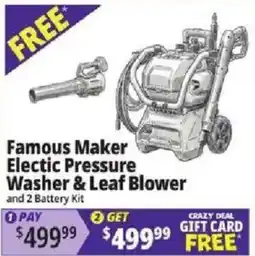 Ocean State Job Lot Famous Maker Electric Pressure Washer & Leaf Blower and 2 Battery Kit offer