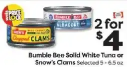 Weis Markets Bumble Bee Solid White Tuna or Snow's Clams offer